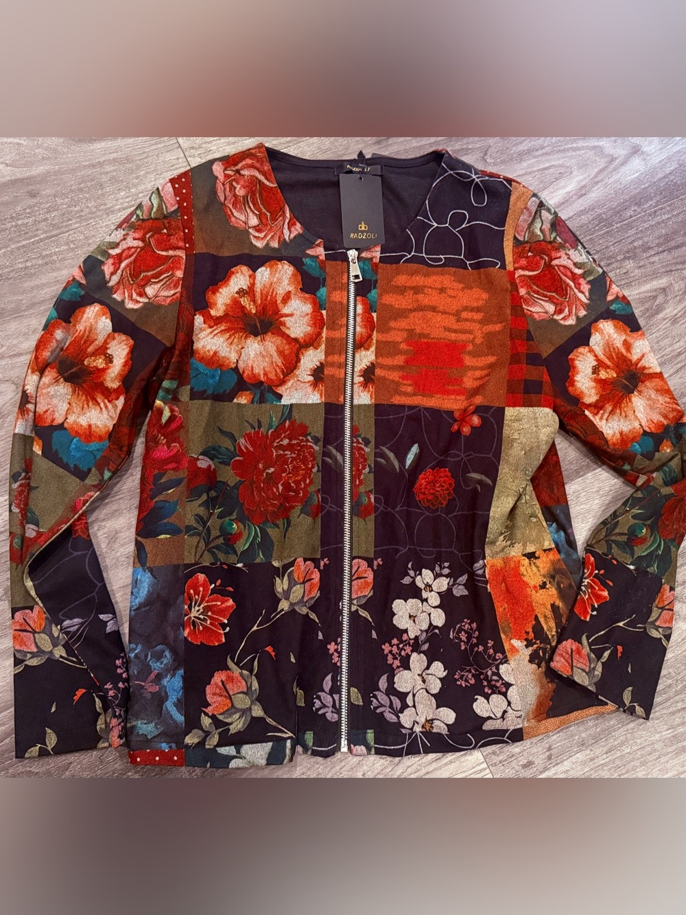 Radzoli Floral Patchwork Zip-Front Top - Burgundy, Green, Black NWT Med